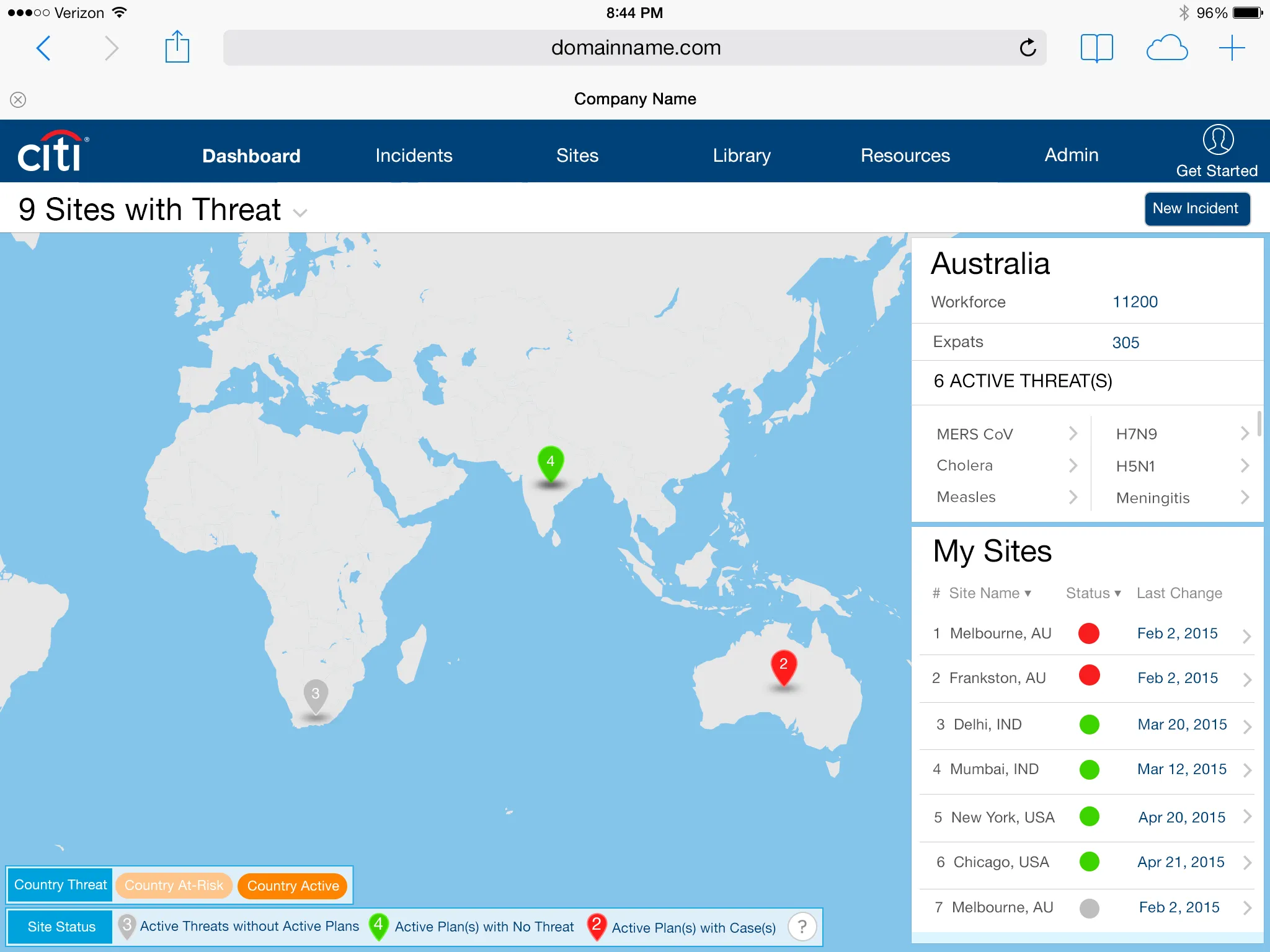 High-fidelity dashboard showing a global map of health threats by location