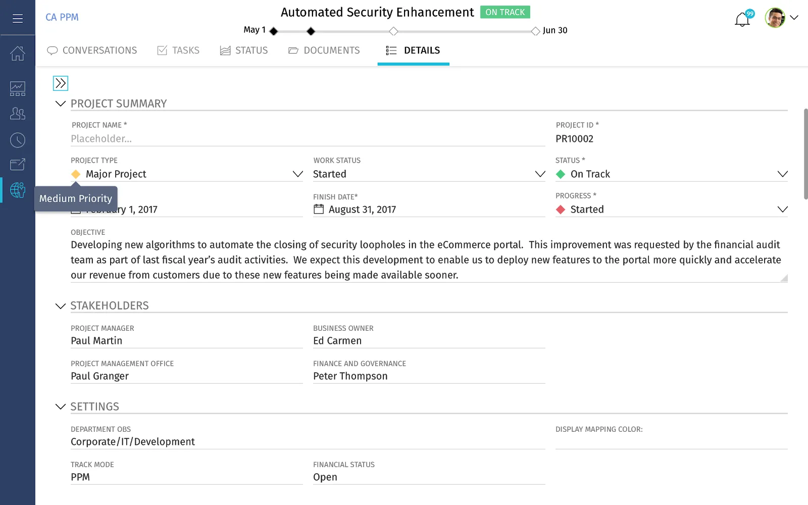 Final Admin module deliverable showing a project detail screen with configurable tabs