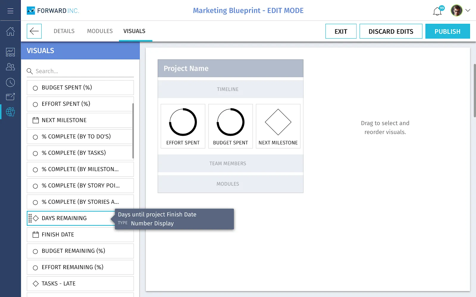 PPM dashboard prototype showing configurable project tile metrics