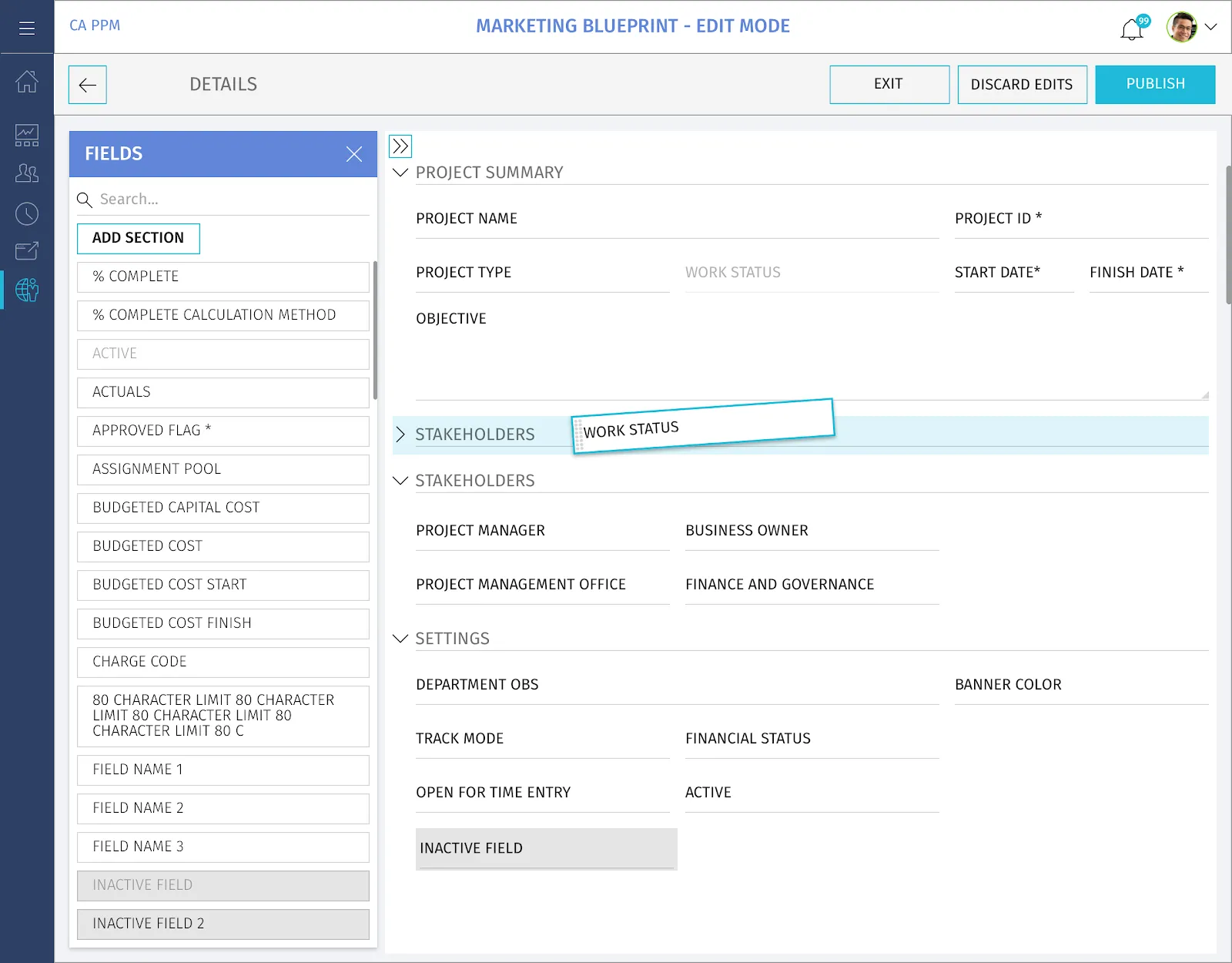 Template builder showing draggable data fields on a six-column grid