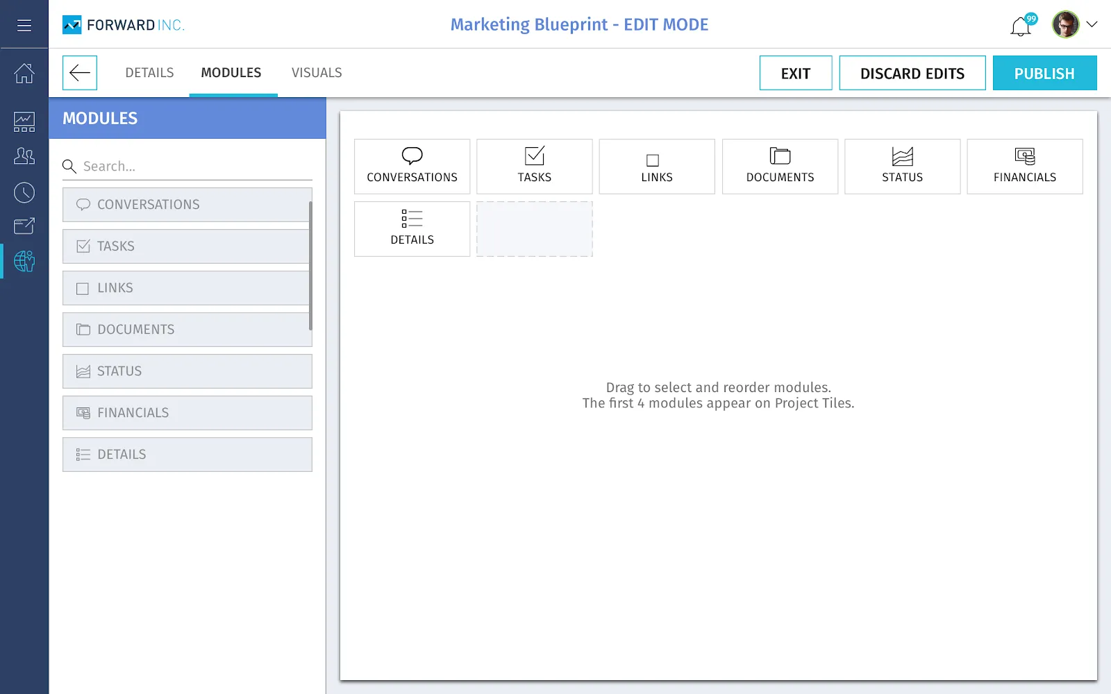 Template builder showing drag-and-drop module configuration
