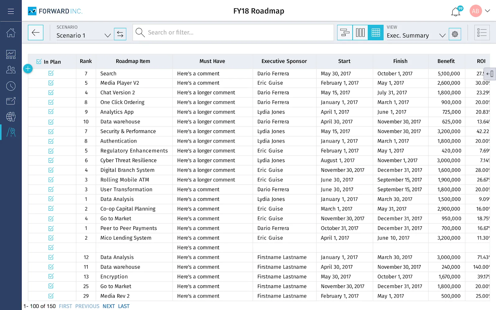 Roadmapping Grid view showing a scenario-planning table with cost, benefit, and ROI