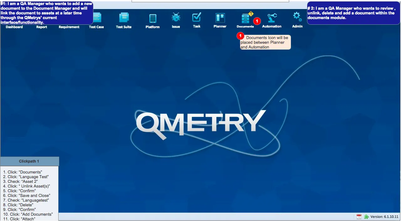 Clickable prototype of the QMetry dashboard highlighting new icons